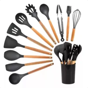 Achados e Ofertas Imperdíveis 25 Kit 12 Utensílios De Cozinha Em Silicone Com Cabo De Madeira - MK