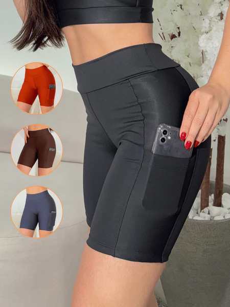 Shorts Feminino Com Bolso Suplex Fitness Short Cintura Alta Corrida Caminhada Academia