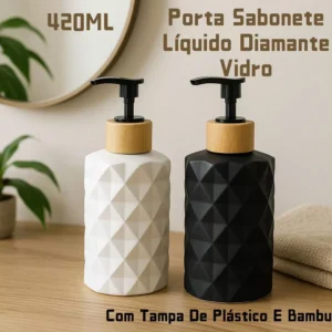 Achados e Ofertas Imperdíveis 33 Porta Sabonete Líquido Diamante Vidro 420ML Banheiro Com Tampa De Bambu E Plástico Branco Ou Preto
