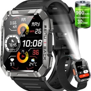 Smartwatch,Relógio Inteligente Militar Masculino,My Watch de Chamadas Bluetooth,Bateria de 100 dias,Lanterna, Rastreamento de passos,Esportes ao ar Livre Smart Watch(Preto)