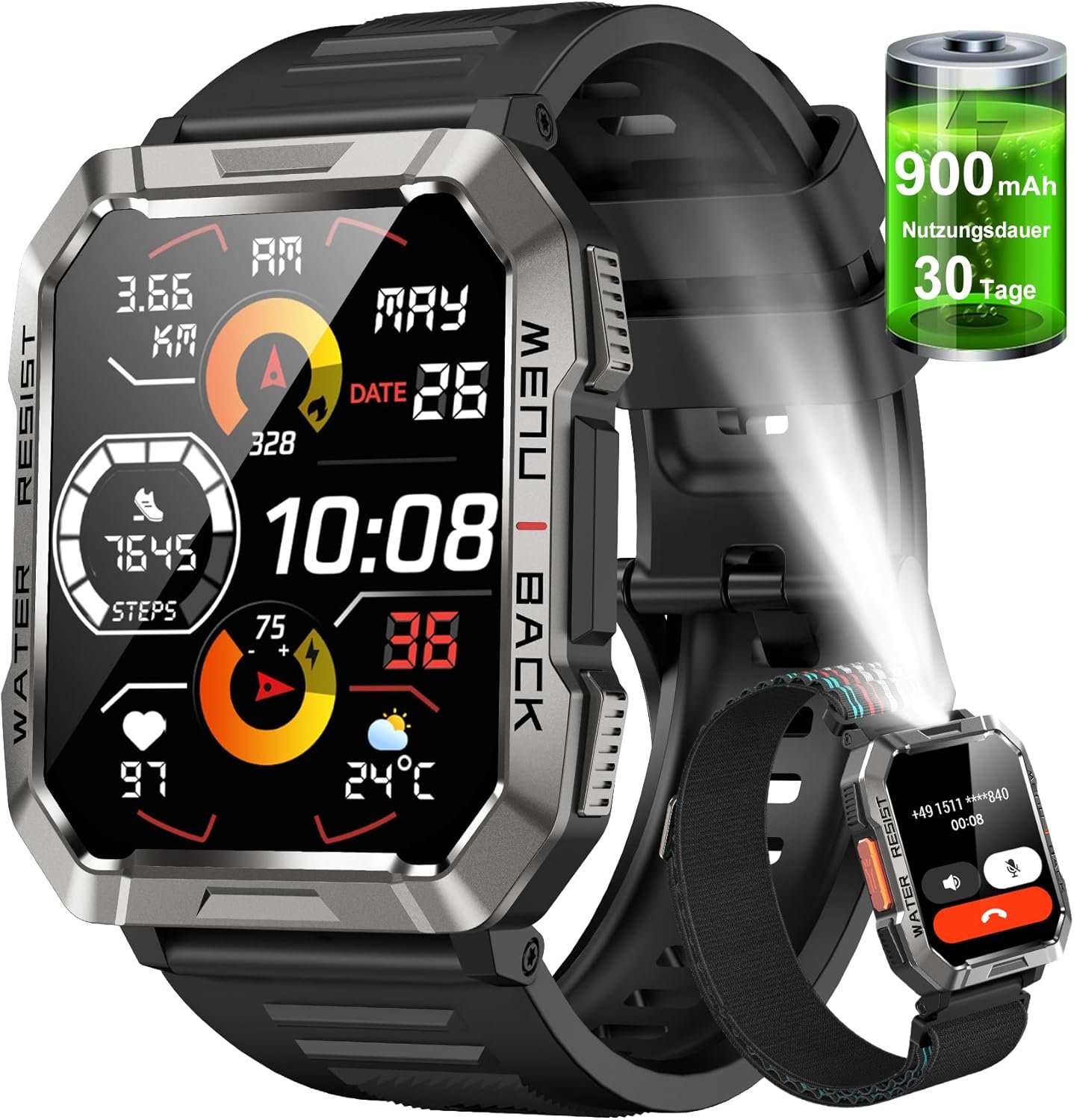 Smartwatch,Relógio Inteligente Militar Masculino,My Watch de Chamadas Bluetooth,Bateria de 100 dias,Lanterna, Rastreamento de passos,Esportes ao ar Livre Smart Watch(Preto)