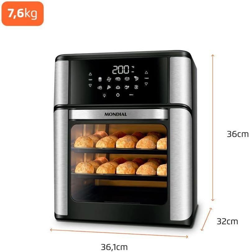 MONDIAL Fritadeira Air Fryer Forno Oven 12L, Preto/Inox, 2000W, 220V - AFON-12L-BI