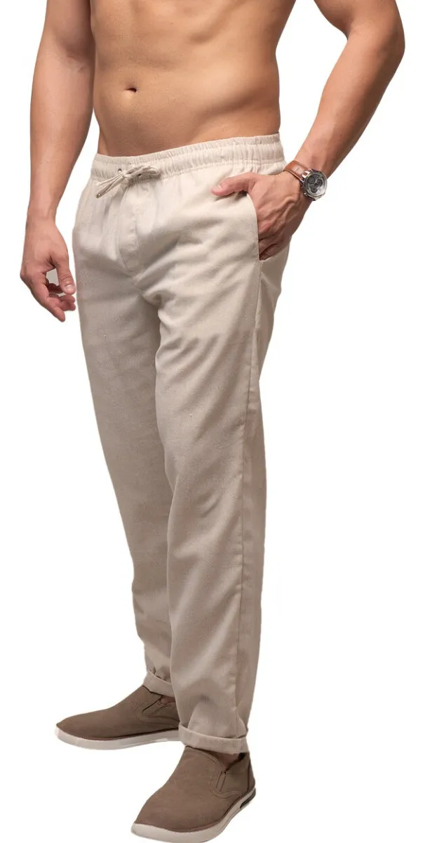 Calça De Linho Leve Bege Masculina Praia Cordão Ajustável