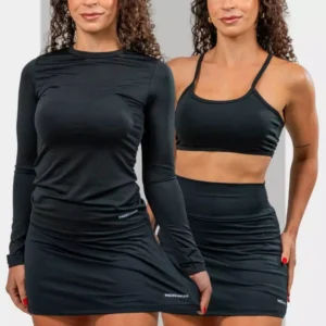Conjunto Feminino de Treino 3 peças Meia Estação Camiseta Short Saia Top Academia Corrida Volei